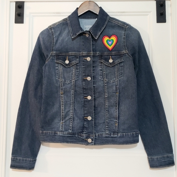 Levis Denim Stretch Jean Jacket Womens S Rainbow Heart Patch Medium Wash Classic - Picture 2 of 9